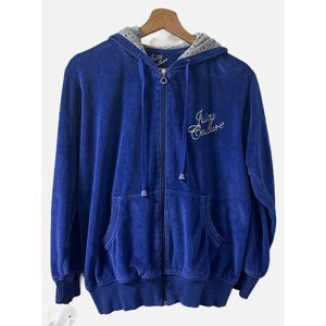 Juicy Couture Women’s XL Navy Blue Silver Velour Zip Up Track Jacket Hoodie Y2K